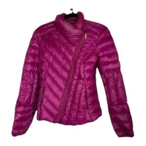 EXPRESS Purple Down Jacket Full Zip Womens Size XS Puffer Chevron Assymmetrical